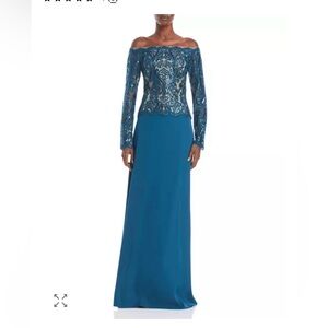 Designer off-Shoulder Teal Embellished Evening Gown